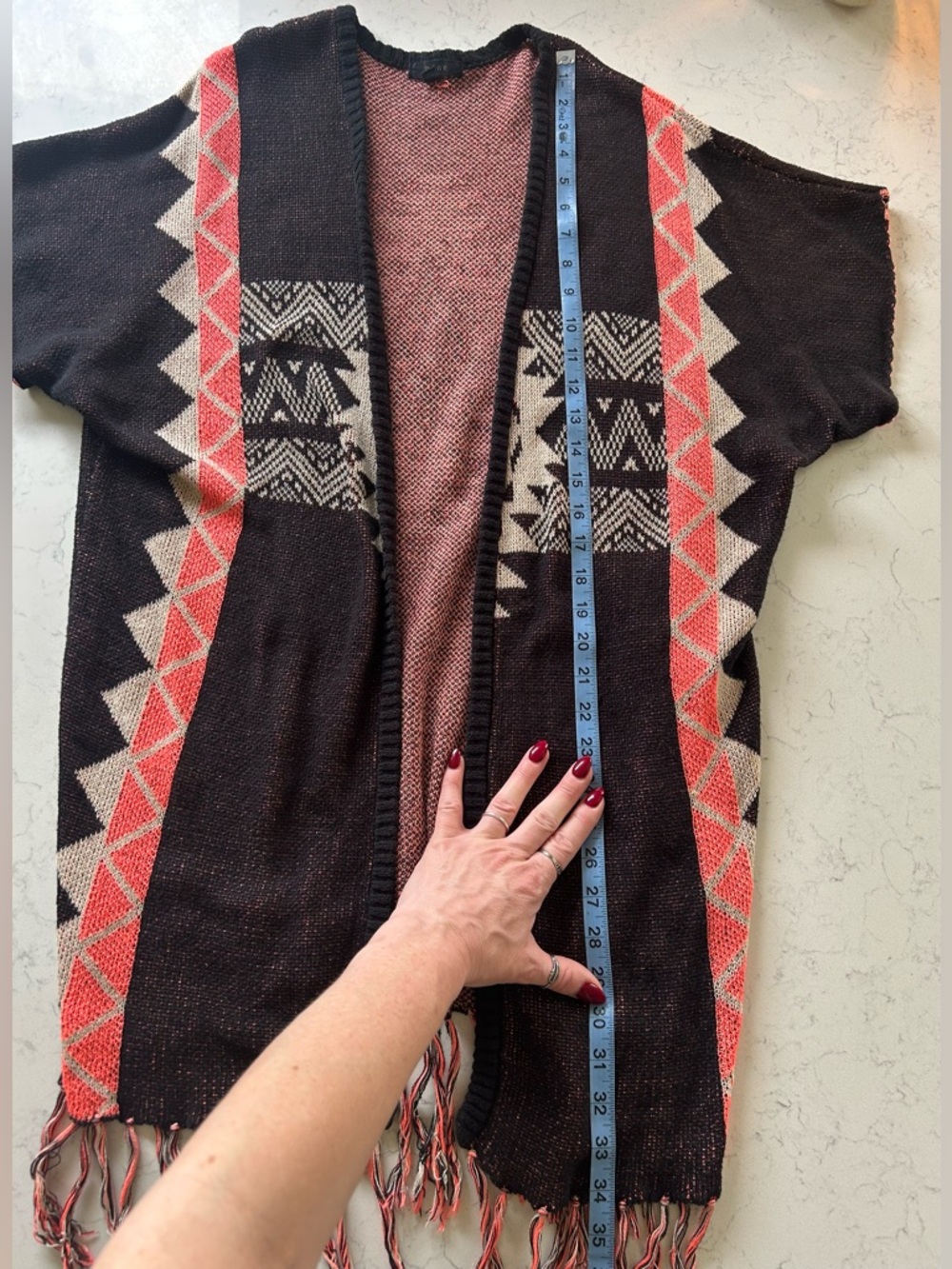 Mine Boho Aztec Fringe Sweater Cardigan Kimono in Black and Coral - Picture 13 of 15
